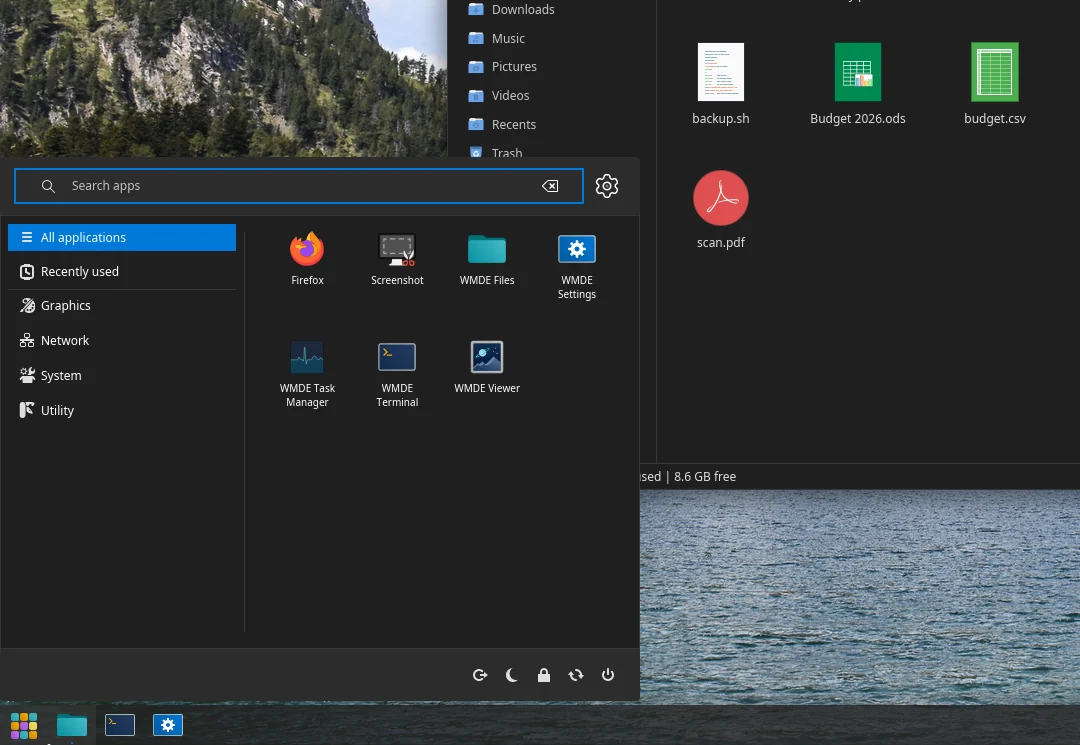 Start menu with app search, categories and installed apps above the taskbar