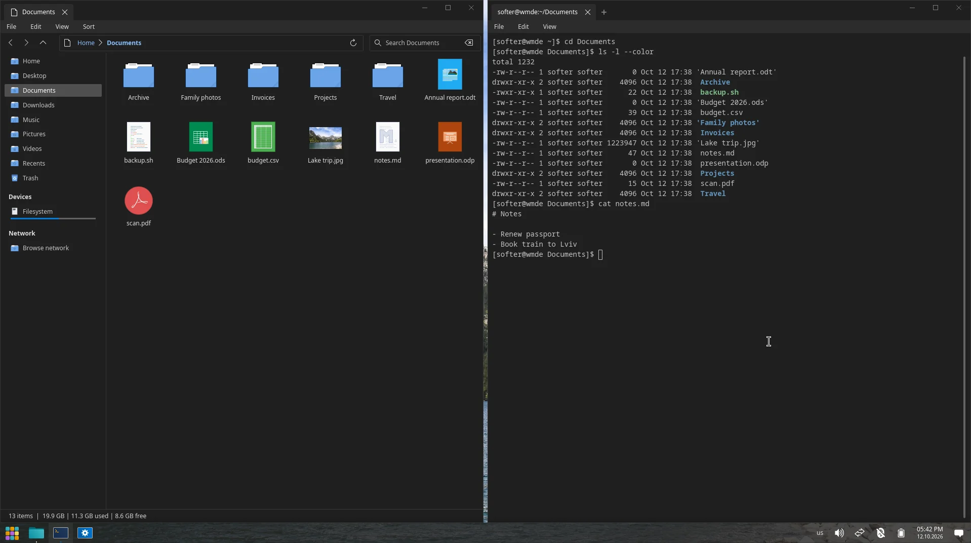 Two windows snapped side by side: Files on the left half of the screen, Terminal on the right